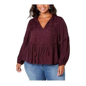 Lucky Brand Long Sleeve Woven Jacquard Peasant Top